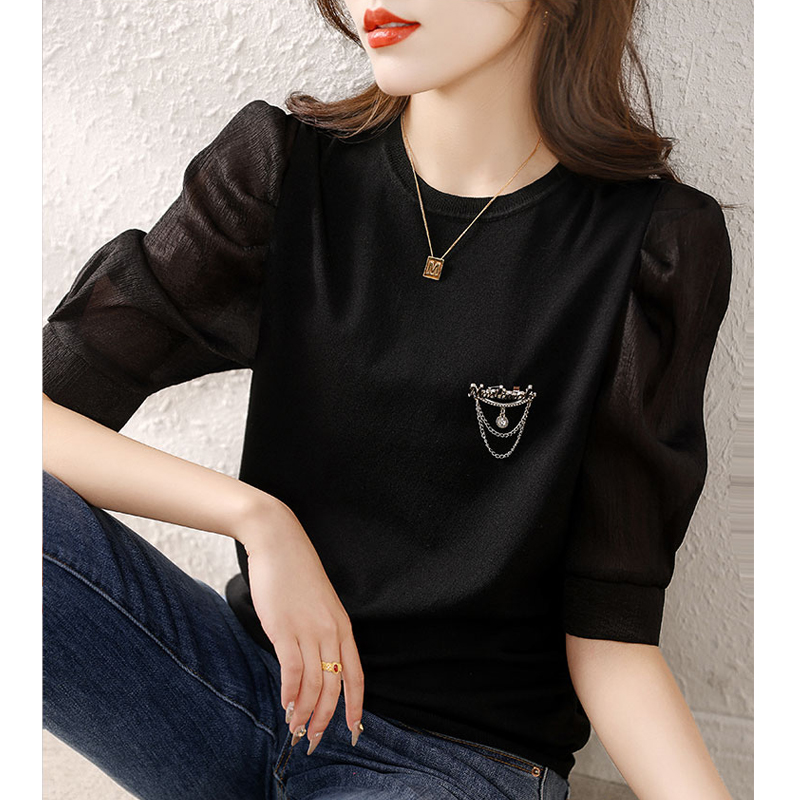 2023 summer new Korean version of all-match women's tops puff sleeve tops women's niche knitted T-shirt women