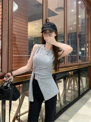 Actual shot ~ Korean style round neck irregular slit lace mid-length waist slimming short-sleeved T-shirt/vest