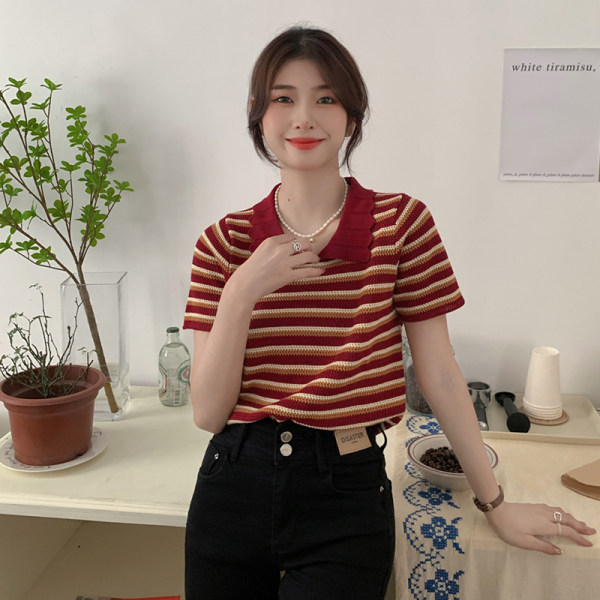 Polo neck stripe knitted T-shirt women's summer 2022 new thin loose retro Hong Kong Style slim short sleeve top