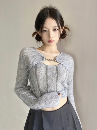 Solid color mohair long-sleeved top women's early autumn pure lust hot girl short paragraph simple sunscreen knitted jacket two-piece set