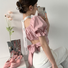 2022 Korean summer design sense of minority bow tie tie tie shirt female heart machine backless thin short top