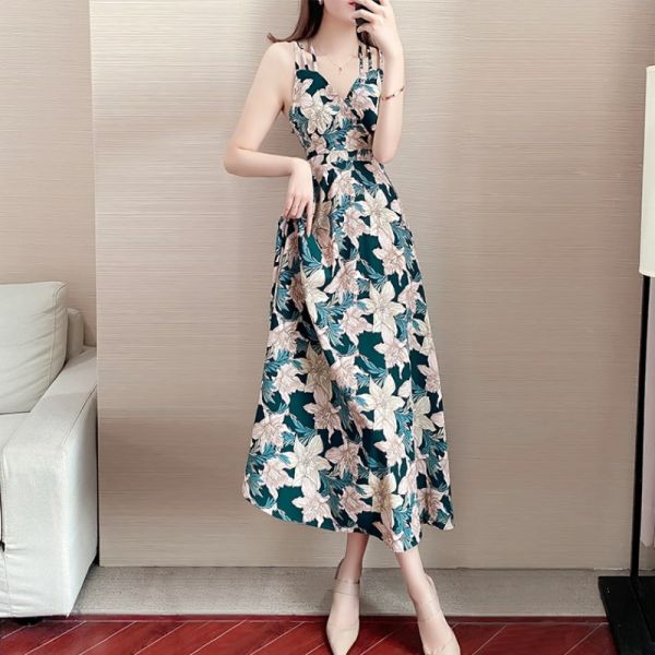 Fat sister big size floral air SLING DRESS women's dress fat mm seaside holiday party show thin age reduction skirt