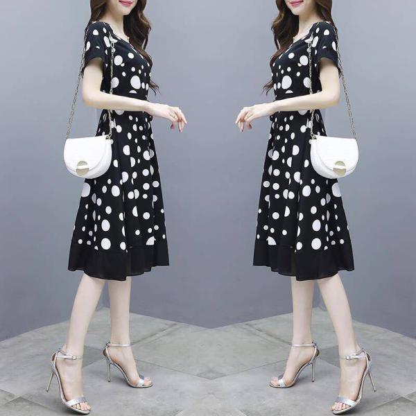 Polka dot dress women's medium length 2020 summer new Korean fashion temperament slim round neck skirt