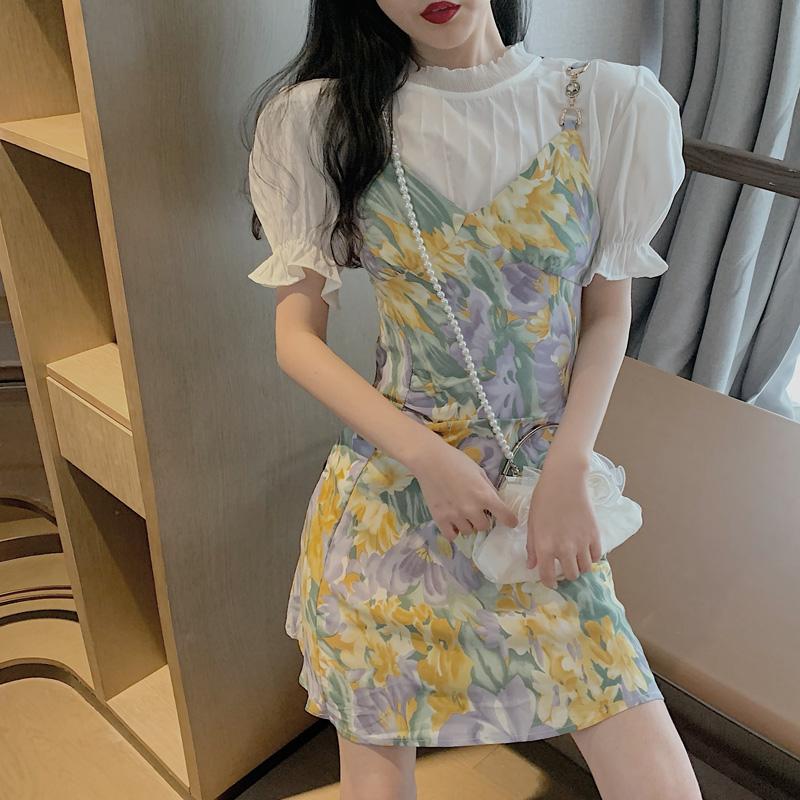 2021 summer French niche suspender with bubble sleeve Hepburn fragrance floral dress two piece suit