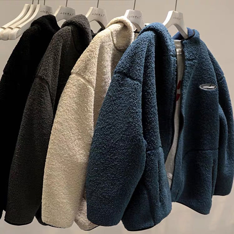 Japanese retro navy blue cardigan hooded sweatshirt women's autumn and winter Harajuku style loose and versatile velvet zipper jacket