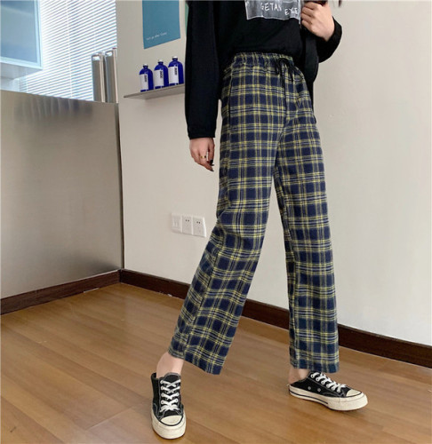 Real shot 2020 summer new retro Plaid leisure high waist show thin and loose wide leg pants