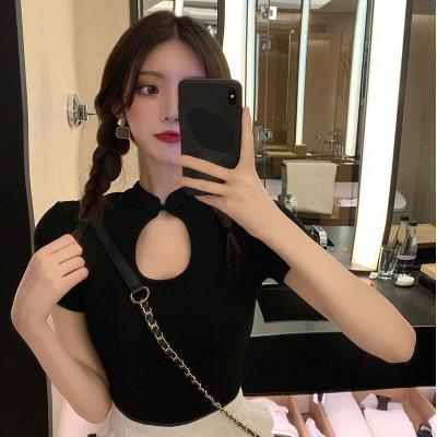 Cut out stand collar knitted short sleeve T-shirt for women 2021 summer new ins super fire short base shirt