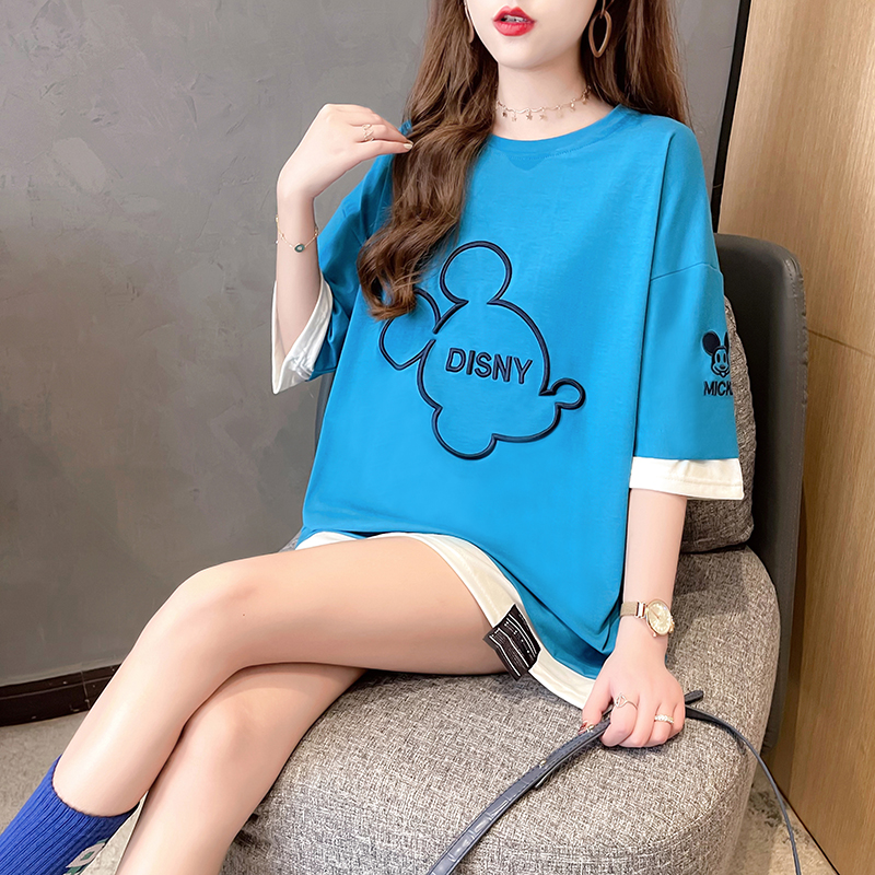 Real photo 2021 new net red fake two short sleeve T-shirt women's Korean summer loose cartoon embroidered top fashion