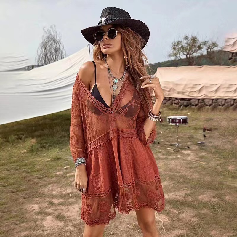Sexy fashion V-neck low chest sunscreen medium sleeve waist slim one-piece skirt lace dress