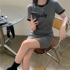 Grey slim T-shirt skirt new summer women's dress Korean simple short sleeve dress mid long skirt fashion