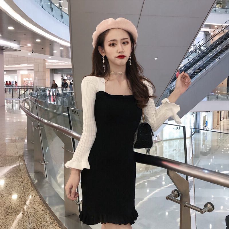 Autumn 2020 new Korean dress women's collar contrast trumpet sleeve net red long sleeve knitted skirt ins fashion