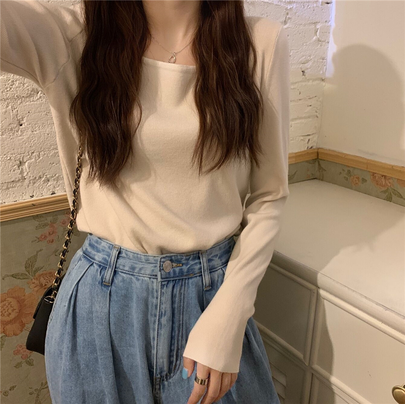 Real shooting, real price, slim, solid color, versatile square neck knitted T-shirt, bottomed shirt, long sleeved top inside