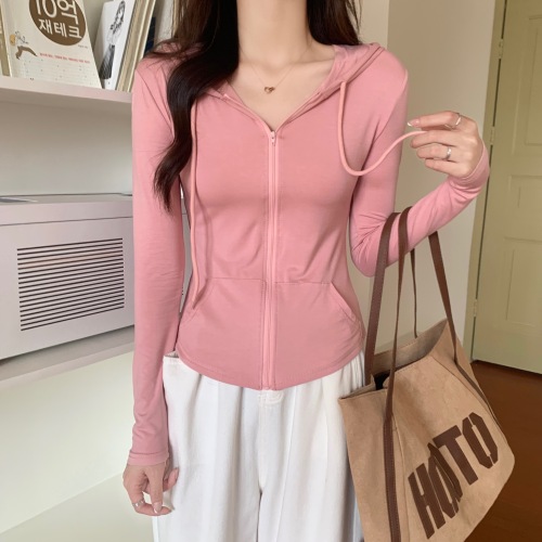 Real price real price early autumn all-match solid color hooded zipper small cardigan women's slim and thin long-sleeved mask top