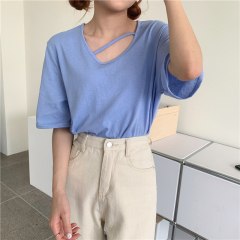 Real shot real price design feeling hollowed out machine pure color T-shirt