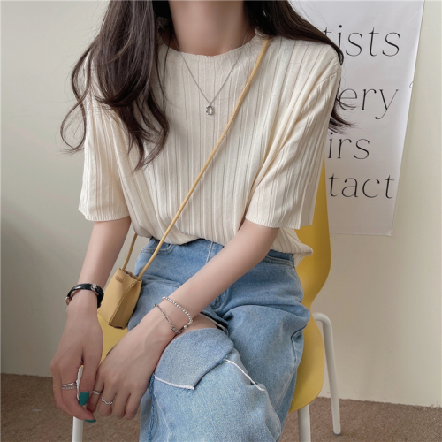 Real shot real price Korean round neck sweater short sleeved T-shirt slim slim blouse women