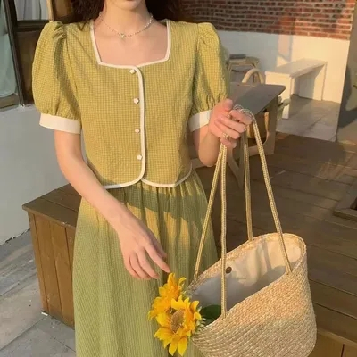 Original fabric + practice 2023 skirt suit women's summer square collar cardigan top high waist pleated skirt two pieces