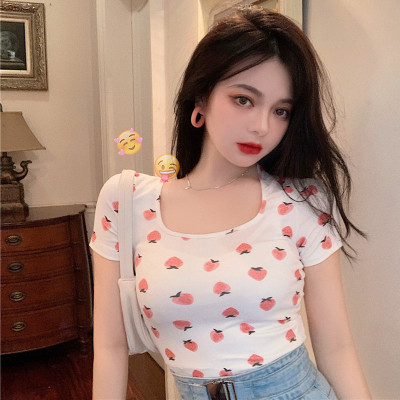Summer new style square neck short top slim net red strawberry sexy open navel knitted short sleeve T-shirt