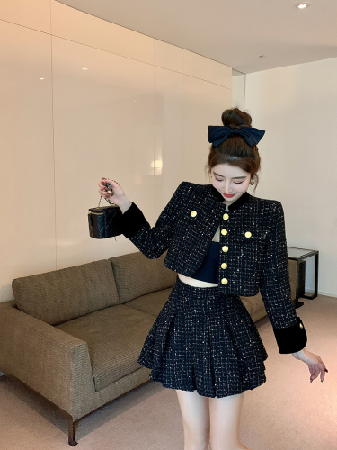 Real shot small fragrance style single-breasted thickened quilted tweed coat pleated skirt two-piece suit