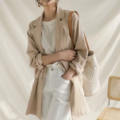 South Korea dongdamen one button solid color casual suit top women's spring simple retro cotton linen thin suit