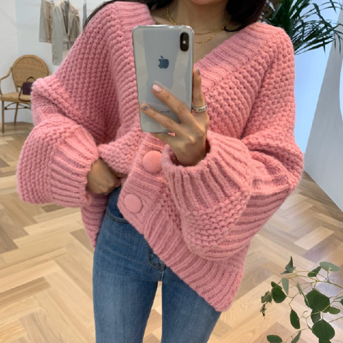 South Korea's Dongdaemun thick needle lantern sleeves sweater coat women's all-match loose and lazy wind knitted cardigan women