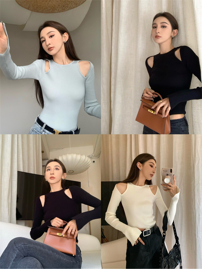 Real sale real price Korean version of the Hong Kong style slim off-the-shoulder knitted top