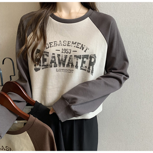 Official picture 260g big fish scale thin sweater women's round neck letter printing stitching back bag raglan sleeve top