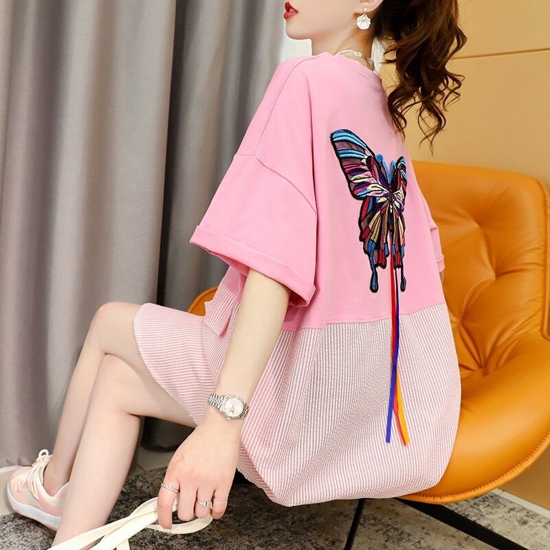 Official figure summer dress Korean version of loose heavy industry embroidery butterfly large size women's clothing mid-length short-sleeved T-shirt women