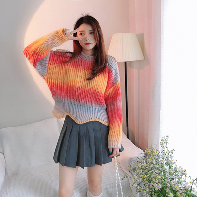Real shot gradient rainbow sweater women's autumn and winter 2021 new women's Pullover women's Knitted Top trend