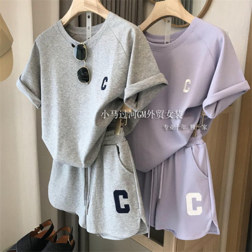Fish scale cloth 2023 spring and summer suit women's loose short-sleeved t-shirt + casual shorts casual two-piece suit