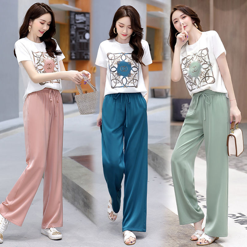 Fashion suit women's summer dress new style Korean style short sleeve top Western style wide leg pants casual two piece set