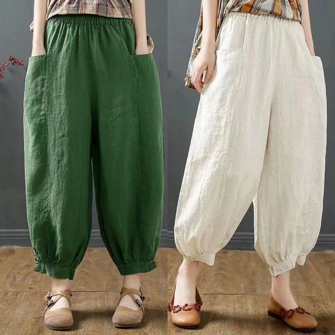 Cotton and linen bloomers women's summer new cropped trousers literary leisure loose beam feet all-match harem pants