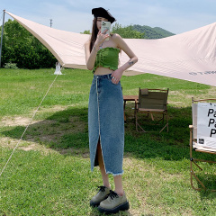 Actual shooting of 2022 new summer high waist A-line split umbrella skirt elastic waist skirt mid length skirt denim skirt