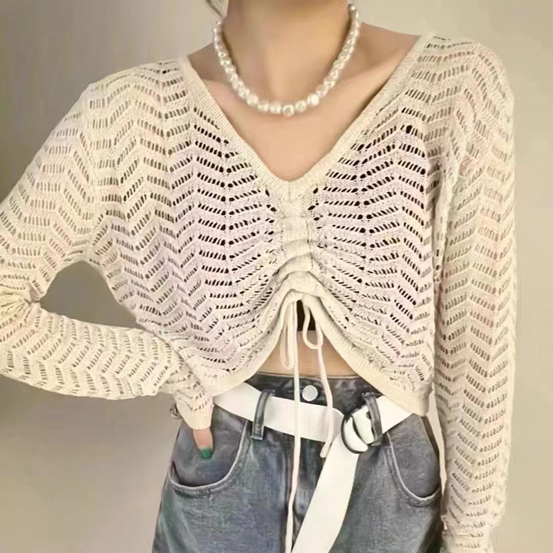 Korean hollowed out drawstring V-Neck long sleeve sweater women's summer 2022 thin navel exposed loose sunscreen jacket
