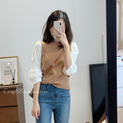 Foreign style layering autumn new style antique fake two piece Lantern Sleeve soft T-shirt sweater splicing Long Sleeve Shirt