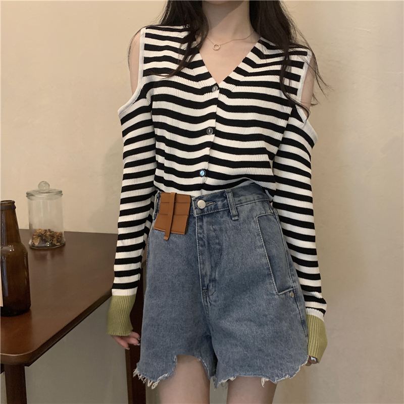 Real price striped V-neck off shoulder long sleeve knitted cardigan women's coat