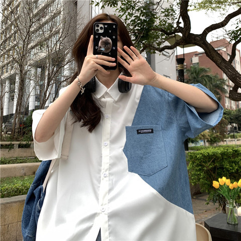 Color matching short sleeved shirt Japanese top thin 7-sleeve shirt coat
