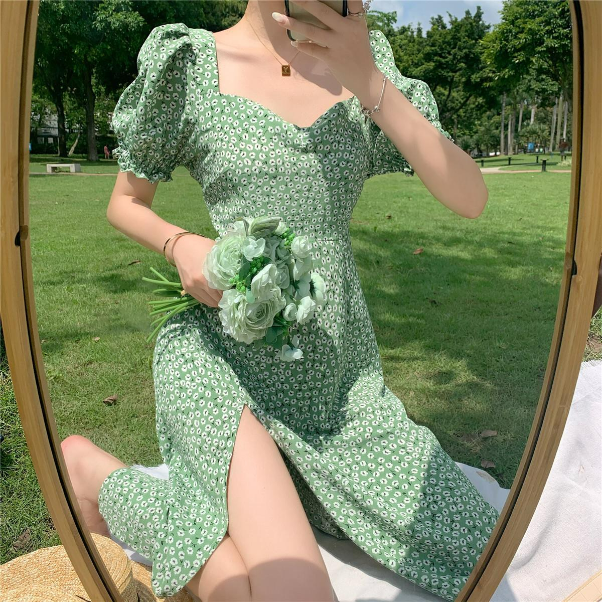 French Square Neck Floral Dress Women's 2023 Summer New Korean Style Slim Slit Puff Sleeve Skirt