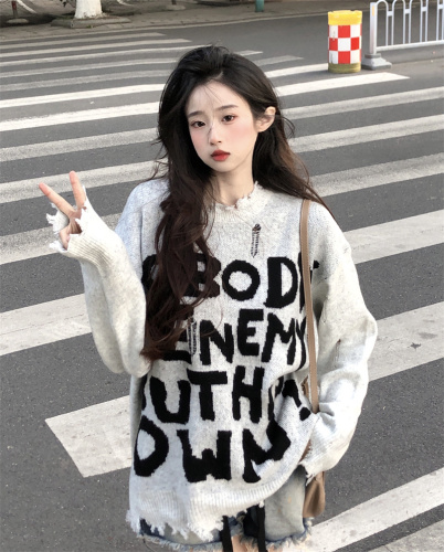 Real shot American-style ripped sweater women's autumn and winter design letters loose mid-length long-sleeved sweater top tide