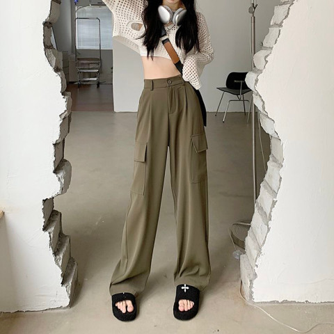 American retro all-match overalls women's autumn high-waisted pocket casual pants drape thin wide-leg suit pants