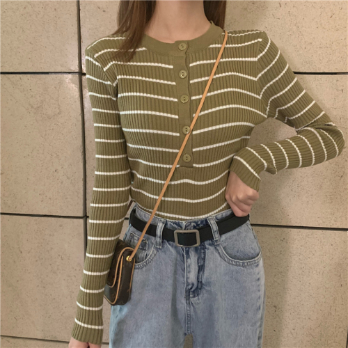 2020 new Korean literary striped slim bottoming shirt with half open collar and V-neck