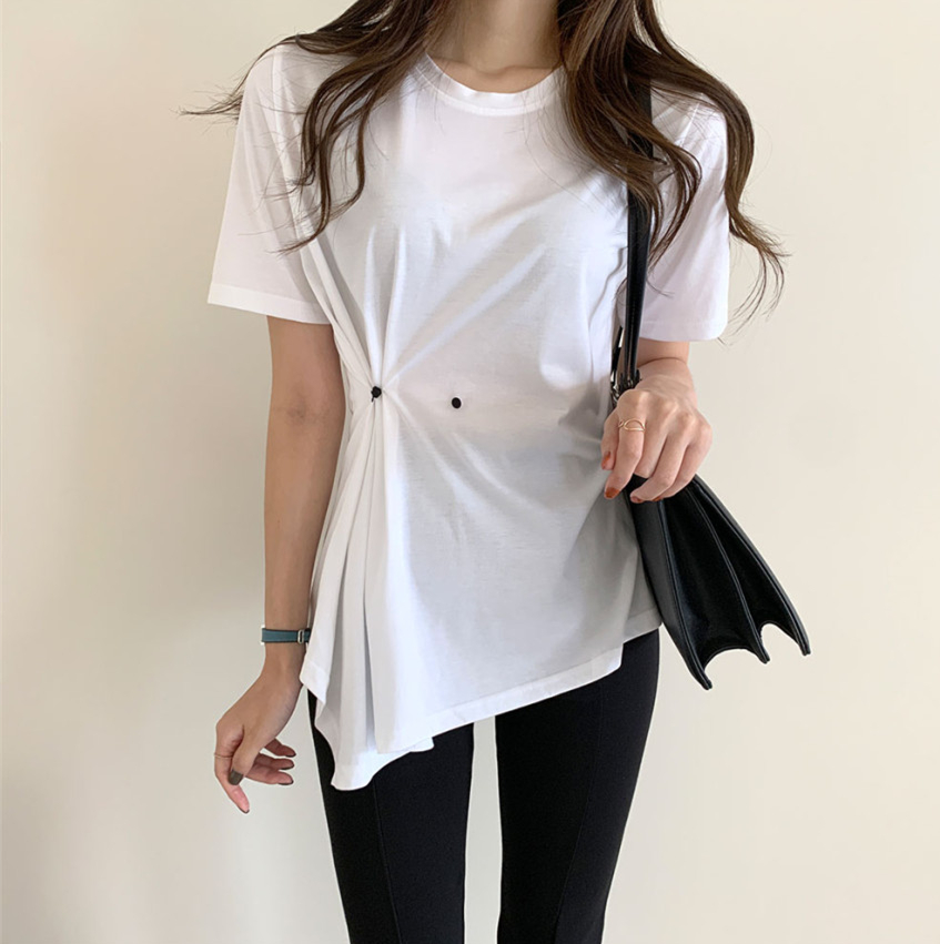 Adjustable waist adjustable buckle mercerized cotton top women's irregular design swing basic short-sleeved T-shirt