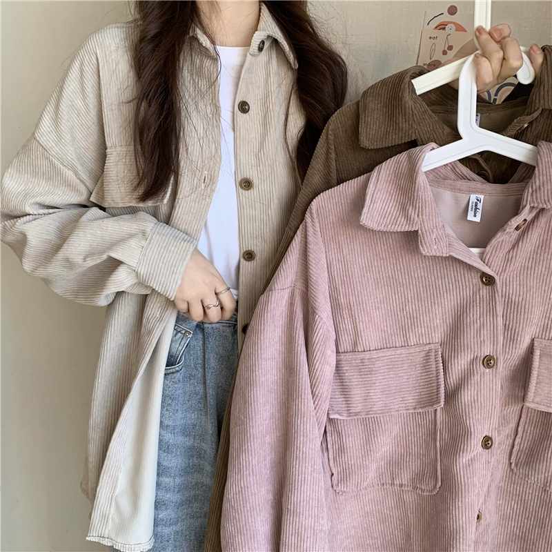 Real shooting price ~ Autumn new loose Korean version mid-length shirt retro Hong Kong style long-sleeved corduroy jacket