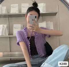 Feifei sleeve cover fat color lace up cardigan baby blue taro purple