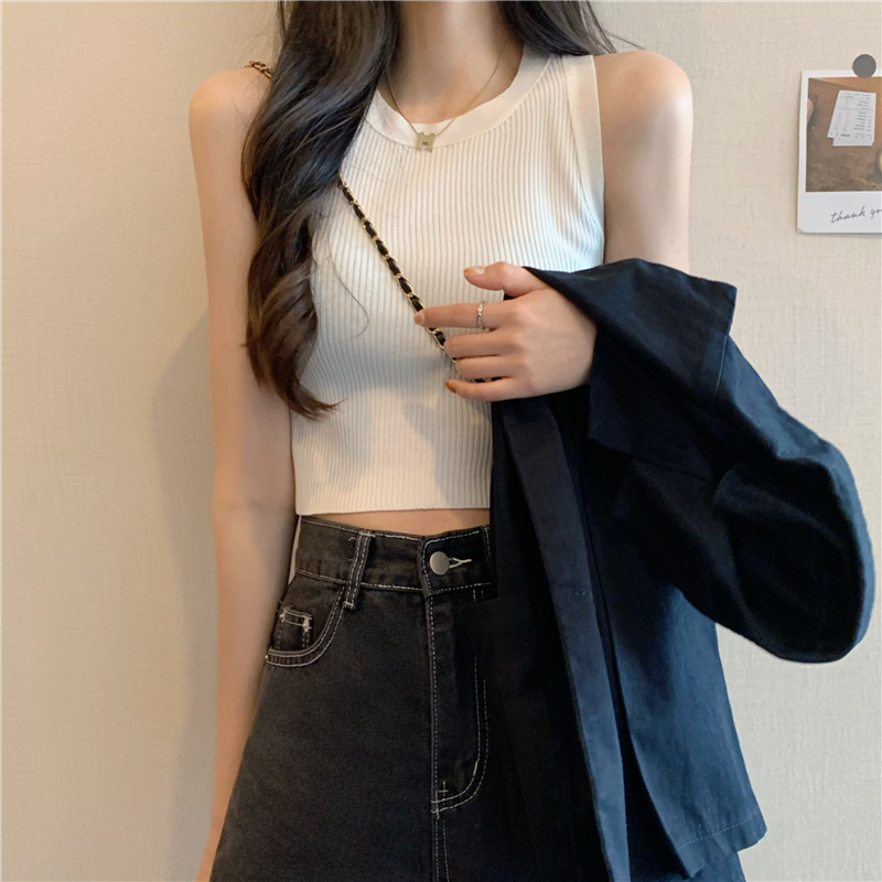 Real shot real price white knitted suspenders sleeveless top women wear tight short vest inside and outside