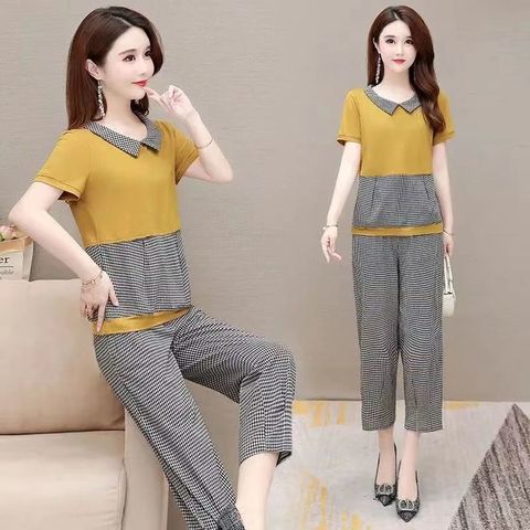 Summer doll collar capri pants suit 2022 new large size women's houndstooth splicing two-piece suit