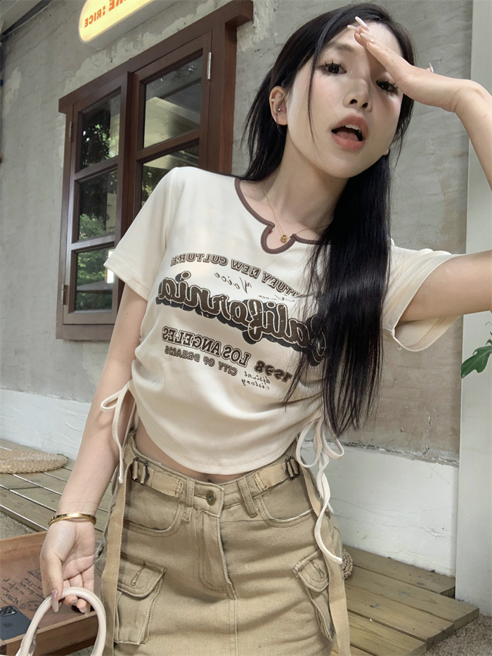 Pure desire American retro sweet hot girl drawstring hit color V-neck short-sleeved T-shirt women's summer irregular short top