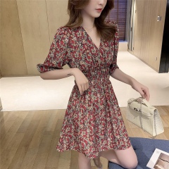 2021 new summer Korean Chiffon V-neck waist slim skirt style retro floral dress