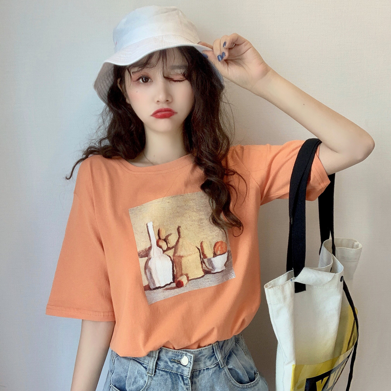 Real shooting summer new short sleeve T-shirt academy girl loose regular women's printing trend