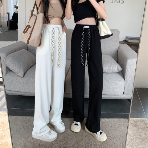 Design sense elastic drawstring casual pants spring and summer Korean version 2023 new high waist slim sports wide leg pants women