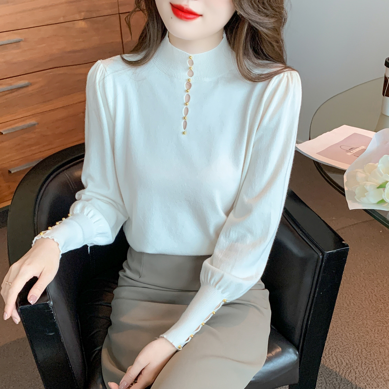 Real shot # 2022 new autumn and winter Korean version slim fitting bottomed middle neck knitted lantern sleeve bottomed shirt top